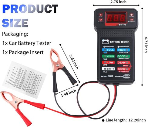جهاز اختبار بطارية السيارة مع مؤشر LED وشاشة LCD، جهاز اختبار حمل البطارية 12 فولت مع مشابك التمساح، بطاريات السيارات العالمية واختبارات المولد لمعظم المركبات 12 فولت in Kuwait