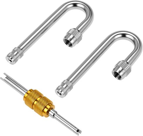 QWORK 180 درجة موسعات جذعية صمام مزدوج، قطعتان من وصلات جذعية صمام نحاسية مطلية بالنيكل لشاحنة RV متنقل مقطورة دراجة نارية، مجموعة تمديد صمام الإطارات المقاومة للتسرب مع أداة إزالة أساسية in Kuwait