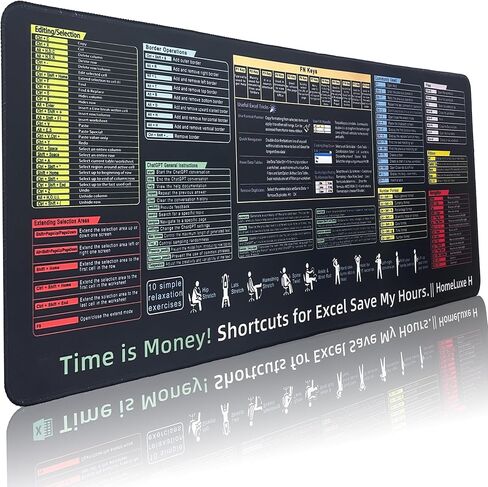 لوحة مكتب Excel Cheat Sheet - لوحة ماوس كبيرة (31.5 بوصة × 11.8 بوصة × 0.1 بوصة) | حصيرة مكتبية لاختصارات Microsoft Excel | ملحقات مكتب المكتب | حافة مخيطة غير قابلة للانزلاق in Kuwait