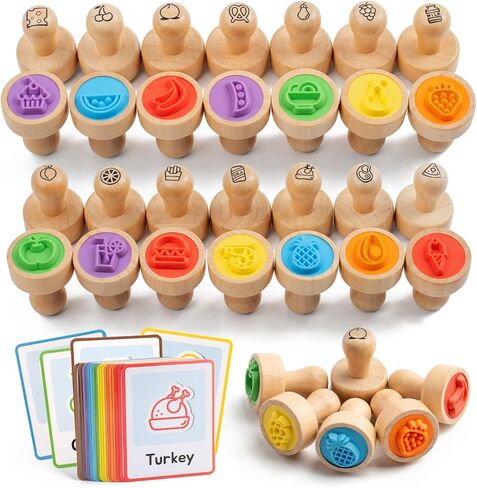 67 Pcs Wooden Food-Themed Stamps for Kids with Flashcards, Toddler Stamp Set for Arts & Crafts, Birthday Party Favors, Easter Treasure Box Toys for Classroom (Beverage & Fruit & Dessert) in Kuwait