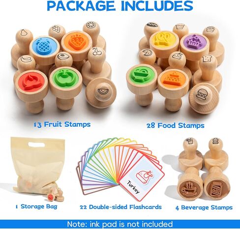 67 Pcs Wooden Food-Themed Stamps for Kids with Flashcards, Toddler Stamp Set for Arts & Crafts, Birthday Party Favors, Easter Treasure Box Toys for Classroom (Beverage & Fruit & Dessert) in Kuwait