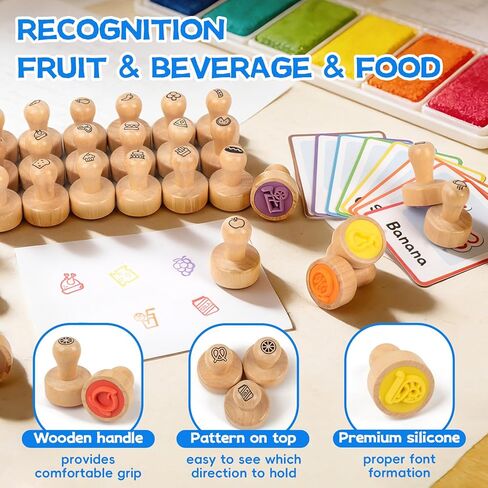 67 Pcs Wooden Food-Themed Stamps for Kids with Flashcards, Toddler Stamp Set for Arts & Crafts, Birthday Party Favors, Easter Treasure Box Toys for Classroom (Beverage & Fruit & Dessert) in Kuwait