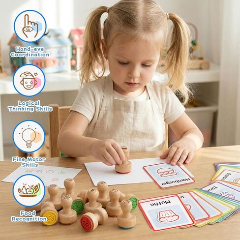 67 Pcs Wooden Food-Themed Stamps for Kids with Flashcards, Toddler Stamp Set for Arts & Crafts, Birthday Party Favors, Easter Treasure Box Toys for Classroom (Beverage & Fruit & Dessert) in Kuwait
