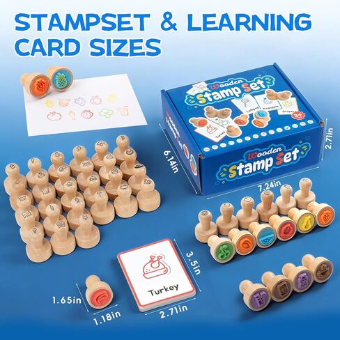 67 Pcs Wooden Food-Themed Stamps for Kids with Flashcards, Toddler Stamp Set for Arts & Crafts, Birthday Party Favors, Easter Treasure Box Toys for Classroom (Beverage & Fruit & Dessert) in Kuwait