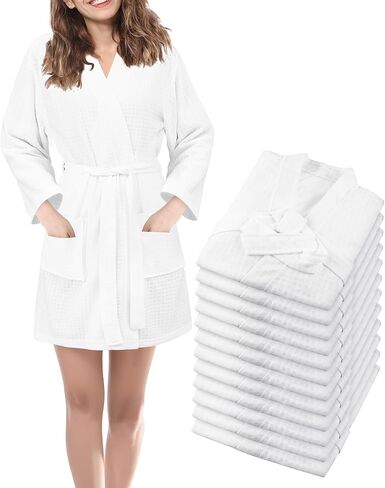 Panitay 12 Pcs Women's Bath Robe Bulk Waffle Robes Commercial Soft Thin Spa Party Bath Robe (White Short Style,X-Large) in Saudi Arabia