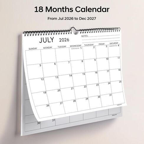 Calendar 2026-2027 Wall Calendar July 2026 to December 2027, 18 Month Calendar 14"x11" Hanging Calendar for Home Office School in Kuwait