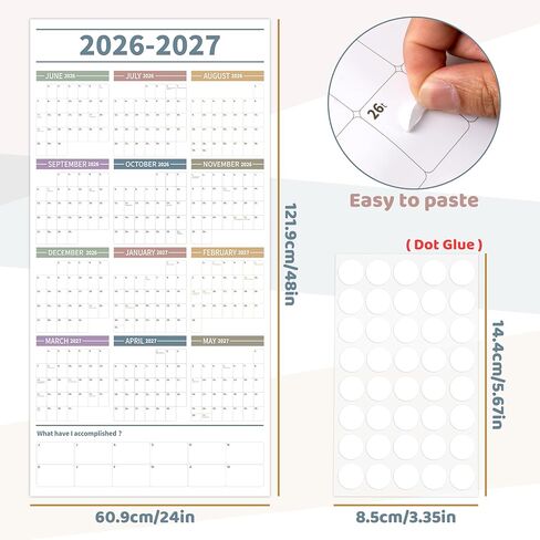 تقويم حائط سنوي كبير من GuassLee 2026-2027، تقويم عام كامل صفحة واحدة، يونيو 2026- مايو 2027، تقويم حائط سنوي 2026، تقويم حائط 24 بوصة × 48 بوصة 2026 كبير مع ملصقات إسفنجية in Kuwait