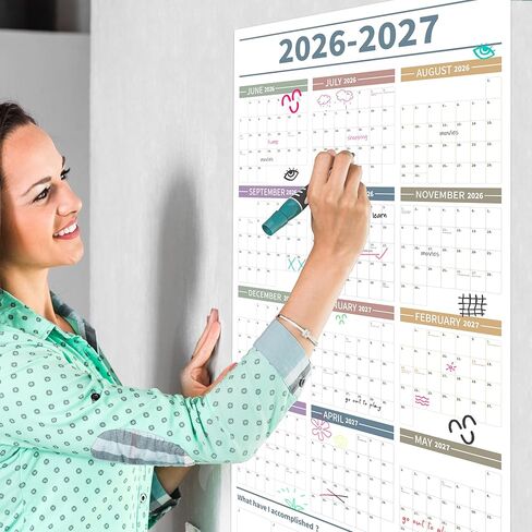 تقويم حائط سنوي كبير من GuassLee 2026-2027، تقويم عام كامل صفحة واحدة، يونيو 2026- مايو 2027، تقويم حائط سنوي 2026، تقويم حائط 24 بوصة × 48 بوصة 2026 كبير مع ملصقات إسفنجية in Kuwait