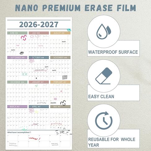 تقويم حائط سنوي كبير من GuassLee 2026-2027، تقويم عام كامل صفحة واحدة، يونيو 2026- مايو 2027، تقويم حائط سنوي 2026، تقويم حائط 24 بوصة × 48 بوصة 2026 كبير مع ملصقات إسفنجية in Kuwait