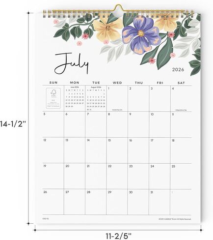 Wall Calendar 2026, 18 Monthly Calendar 2026-2027 from July 2026 to December 2027, 15 x 12 Inches, Hanging Hook, Twin-Wire Binding, Floral Design Calendar for Easy Organizing in Kuwait
