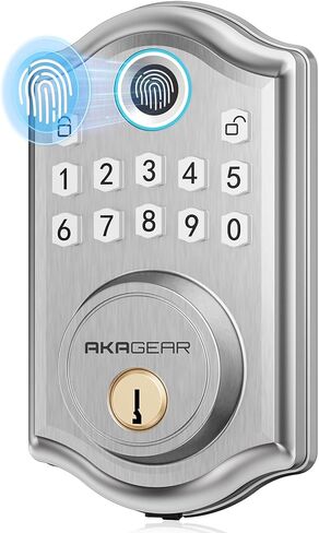AkaGear DS10 قفل باب دخول بدون مفتاح مع بصمة الإصبع، لوحة مفاتيح إلكترونية، مفتاحين، قفل تلقائي وقفل بلمسة واحدة، سهل التركيب، نيكل ساتان in Kuwait