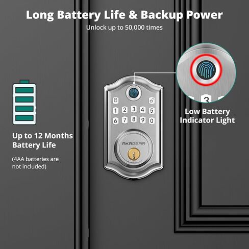AkaGear DS10 قفل باب دخول بدون مفتاح مع بصمة الإصبع، لوحة مفاتيح إلكترونية، مفتاحين، قفل تلقائي وقفل بلمسة واحدة، سهل التركيب، نيكل ساتان in Kuwait