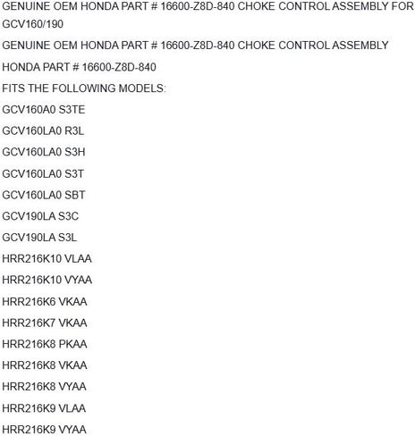 Replacement for HONDA GENUINE PART # 16600-Z8D-840 CHOKE CONTROL ASSEMBLY FOR GCV160/190 OEM in Kuwait