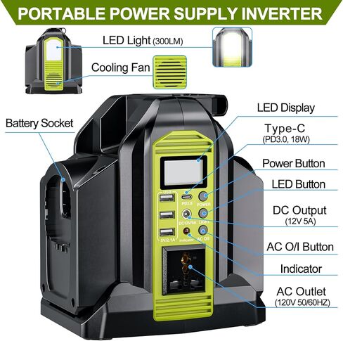 Power Inverter 2 Port for Ryobi 18V Battery, 350W Power Battery Inverter Pure Sine Wave, DC 18V to AC 120V and USB-A & USB-C Output Port for Camping, Jobsite, Emergency Backup (Tool Only) in Kuwait