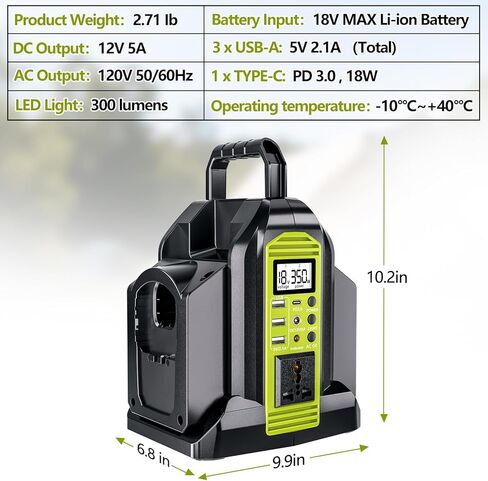 Power Inverter 2 Port for Ryobi 18V Battery, 350W Power Battery Inverter Pure Sine Wave, DC 18V to AC 120V and USB-A & USB-C Output Port for Camping, Jobsite, Emergency Backup (Tool Only) in Kuwait