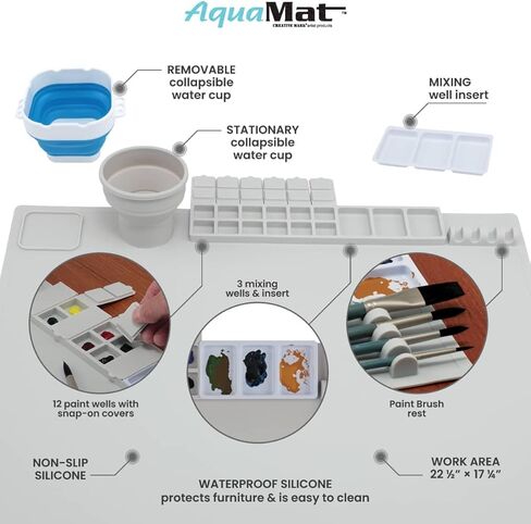 Creative Mark AquaMat Non-Slip Silicone Paint Mat - 23-3/8" x 21-3/8" - 5 Paint Cup Liners & 5 Palette Inserts for Artists, Painters & Crafters, Waterproof Surface Protection Rolls Up for Storage in Kuwait