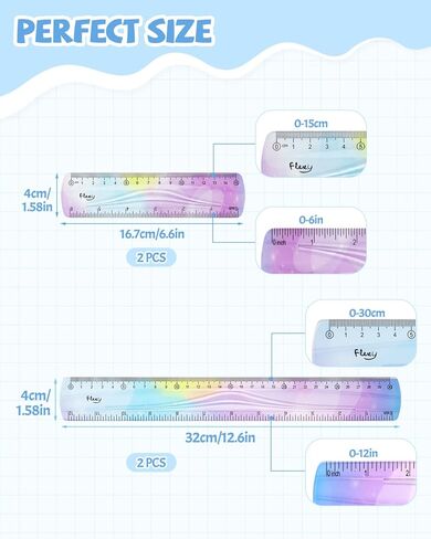 12 Inch & 6 Inch Flexible Ruler, Bendable Plastic Ruler, Soft Bendable Gradient Color Rulers with Centimeters and Inches for Student School Classroom Office Supplies (4 PCS) in Kuwait