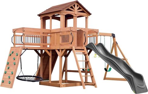 Backyard Discovery Dover Bay Spruce Wood Swing Set with Spiral Tube Slide, Wave Slide, Clubhouse, Rock Wall, Belt Swings, Step Ladder, Toy Telescope, Chalkboard, Outdoor Playset in Kuwait