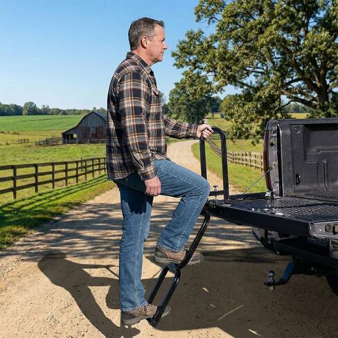 Pickup Truck Tailgate Ladder, Foldable Truck Bed Step with Handrail, Heavy Duty Steel Tailgate Step Ladder 300 lbs Capacity, Universal Fit for Pickup Trucks in Kuwait
