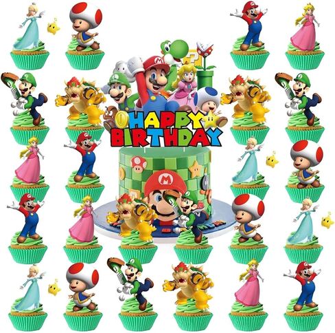 25PCS Mario Cake Toppers, Cartoon Cupcake Toppers, mario Themed Birthday Party Cake Decorations & Party Supplies in Kuwait