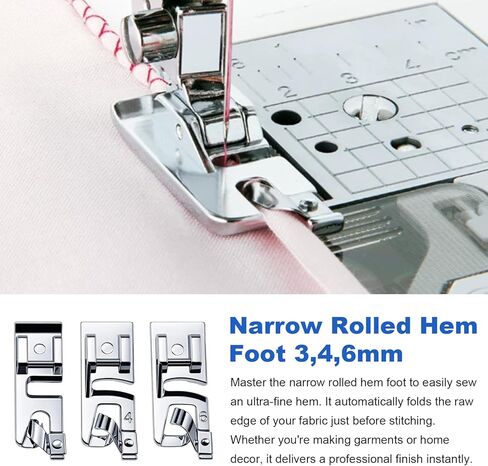 6PCS Sewing Machine Presser Foot Kit, Rolled Hem Presser Foot 3mm/4mm/6mm, Gathering Foot, Zigzag Foot & Overlock Foot, Low Shank Snap On Sewing Feet for Most Domestic Machines in Kuwait