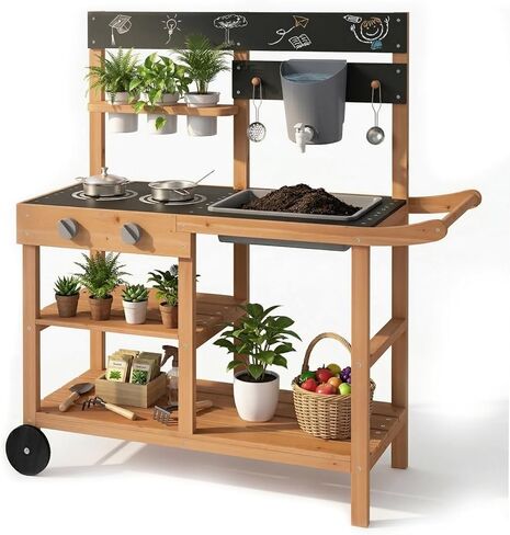 INFANS Mud Kitchen, Outdoor Play Kids Kitchen with Wheels 3 Cups Removable Sink Cooking Accessories Wooden Playset Backyard Garden Toys Gift for Boys Girls in Kuwait