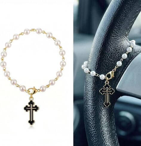 Steering Wheel Charm Accessory Cross Pearl Pendant Car Rosary, Steering Wheel Rosary for Women, White in Kuwait