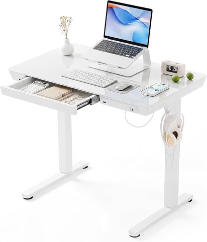 مكتب INNOVAR زجاجي صغير مقاس 32 بوصة مع أدراج ومنافذ USB، ومكاتب زجاجية كاملة الارتفاع قابلة للتعديل، ومكتب كهربائي سريع التثبيت للمكتب المنزلي ومحطة عمل الكمبيوتر، أبيض in Kuwait