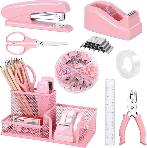 Purple Office Desk Accessories, 9 Pcs Desk Organizers and Accessories with Mesh Pen Holder, Stapler, Tape Dispenser, Hole Punch, Office Supplies Set for Office Home School Women Students Gift in Kuwait