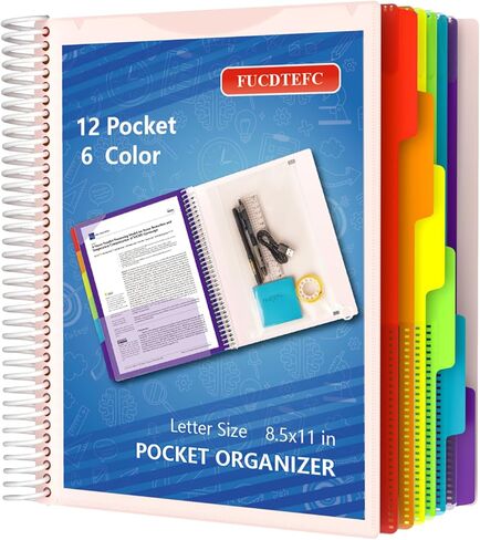 12 Pocket Project Organizer, 6 Color Letter Size Spiral Multi Pocket Folder Organizer, 1/6-cut Tab Poly File Organizer Binder with Dividers,Multi-Subject Notebook Binder School Office Supplies in Kuwait