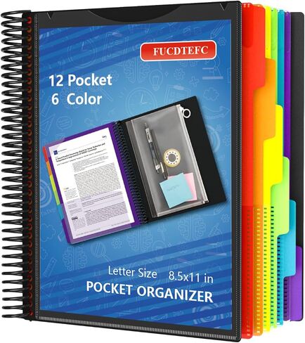 12 Pocket Project Organizer, 6 Color Letter Size Spiral Multi Pocket Folder Organizer, 1/6-cut Tab Poly File Organizer Binder with Dividers,Multi-Subject Notebook Binder School Office Supplies in Saudi Arabia