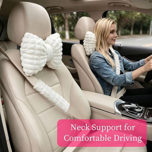 Bak Bo 4 Pack Car Neck Pillow with Seat Belt Covers, White Bow Car Headrest Pillow, Cute Girl Butterfly Shaped Car Seat Decoration Accessory for Driving Travel JZ-WT4 in Kuwait
