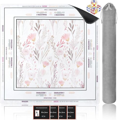 Yun-aeon Mahjong Mat 32.6"x32.6" - بساط جمالي ناعم بنمط زهور غير قابل للانزلاق، واقي طاولة مقاوم للماء لألعاب البطاقات والبوكر والدومينو وألعاب الطاولة، مع نرد وحقيبة مخملية in Kuwait