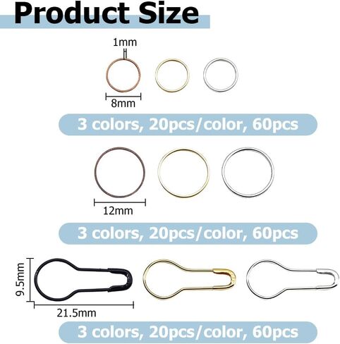 Hobbspring 180Pcs Metal Stitch Markers Kit with Rings and Pins for Knitting Crochet Locking 12mm/0.47inch and 8mm/0.32imch Brass Linking Rings 21.5mm/0.85inch Brooch Findings for Craft DIY Projects in Kuwait