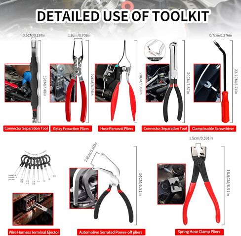 8-Electrical Disconnect Pliers Kit with 8Pcs TerminalPin Removal Tool Set w/Insulated Terminal,Connector Separator, Spring Hose Clamp, Relay &Hose Removers - Auto Harness Disconnect w/Case in Kuwait