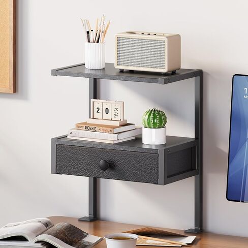 VENNQD Clamp On Desk Shelf, 2-Tier Desktop Organizer, Wood Desktop Supplies Tabletop Book Storage Rack with Adjustable Shelves for Table Working and Gaming Accessories, Black in Kuwait