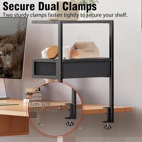 VENNQD Clamp On Desk Shelf, 2-Tier Desktop Organizer, Wood Desktop Supplies Tabletop Book Storage Rack with Adjustable Shelves for Table Working and Gaming Accessories, Black in Kuwait