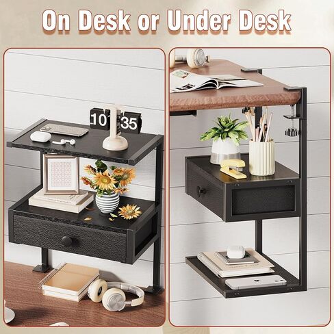 VENNQD Clamp On Desk Shelf, 2-Tier Desktop Organizer, Wood Desktop Supplies Tabletop Book Storage Rack with Adjustable Shelves for Table Working and Gaming Accessories, Black in Kuwait