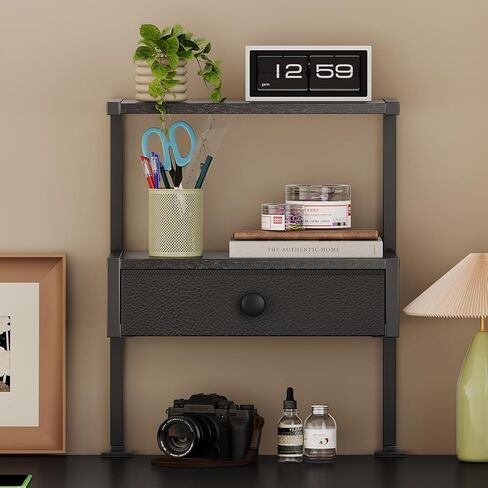 VENNQD Clamp On Desk Shelf, 2-Tier Desktop Organizer, Wood Desktop Supplies Tabletop Book Storage Rack with Adjustable Shelves for Table Working and Gaming Accessories, Black in Kuwait