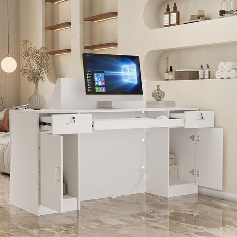 AGOTENI Reception Desk with LED Light, 61"W Front Desk Reception Counter with Lockable Drawers & Open Shelves & Keyboard Tray, Retail Checkout Counter for Office, Lobby, Salon, Store, White in Kuwait
