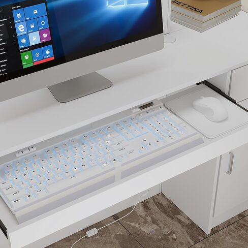 AGOTENI Reception Desk with LED Light, 61"W Front Desk Reception Counter with Lockable Drawers & Open Shelves & Keyboard Tray, Retail Checkout Counter for Office, Lobby, Salon, Store, White in Kuwait