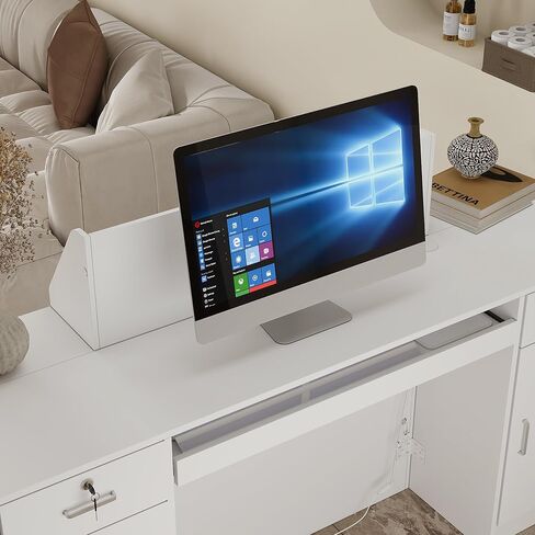 AGOTENI Reception Desk with LED Light, 61"W Front Desk Reception Counter with Lockable Drawers & Open Shelves & Keyboard Tray, Retail Checkout Counter for Office, Lobby, Salon, Store, White in Kuwait