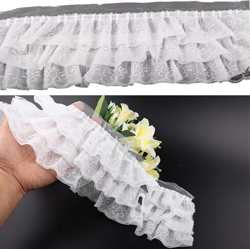 5 Yards 3 Layer Ruffle Lace Trim, 13cm 5.12" Wide White lace Fabric Chiffon Flower Pleated Trim Gathered Ribbon for Wedding Applique Clothing Sewing Decor Handmade Craft DIY (5 Yard, White) in Kuwait