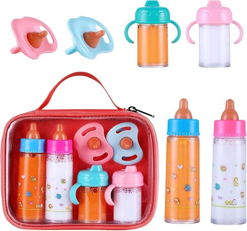 Magic Disappearing Milk and Juice Bottle with Pacifier,6 Pieces Pretend Play Feeding Toy Set with Yellow Package, Baby Doll Accessories in Kuwait