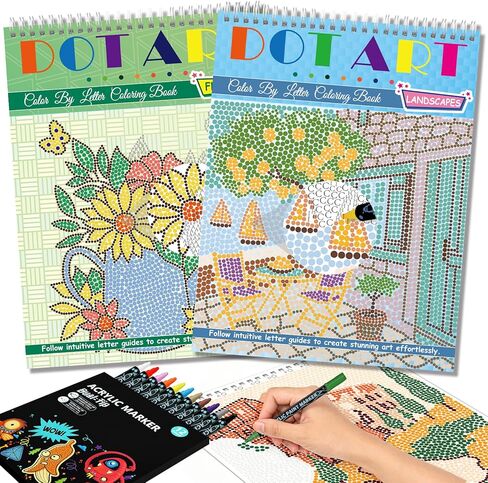 Kalysky 2 Pack dot Art for Adults Coloring Book,Includes 12 Acrylic Markers 2 Books,Landscapes & Floral Themes -Meditations for Relaxation & Stress Relief Perfect for Adults & Seniors in Kuwait