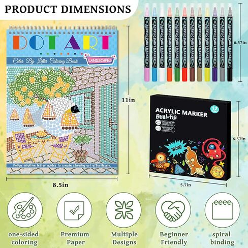 Kalysky 2 Pack dot Art for Adults Coloring Book,Includes 12 Acrylic Markers 2 Books,Landscapes & Floral Themes -Meditations for Relaxation & Stress Relief Perfect for Adults & Seniors in Kuwait