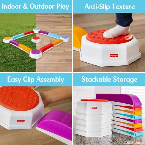 عارضة التوازن Fisher-Price™ وأحجار خطوة للأطفال الصغار، 13 قطعة - توازن بلاستيكي غير قابل للانزلاق وأحجار خطوة قابلة للتكديس، لعبة حسية للأطفال الصغار، لعب داخلي أو خارجي، سهولة التخزين in Kuwait