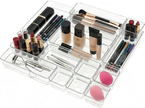 Clear Acrylic Makeup Organizer and Make Up Storage for Vanity - 4 Sizes Multi-layer Plastic Vanity Storage Organizer Bins and Drawer Divider Set - Makeup Drawer Organizer and Vanity Storage Bin in Saudi Arabia