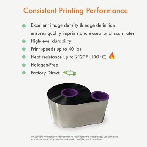 Wolfbarco 1 Roll 4.33" x 1968' (110mm x 600m) TTO Near-Edge Wax/Resin Thermal Transfer Ribbon Black 1" Core Coated Side in (CSI) for SmartDate X60-128, SmartDate X65-128, V320 Printers in Kuwait