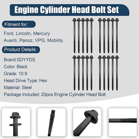 20 قطعة ES72798 مجموعة مسامير رأس أسطوانة المحرك متوافقة مع موديلات مختارة من Ford/Lincoln/Mercury (2005-2015) تحل محل ES71328 3L3Z6065AA 9R3Z6065A in Kuwait